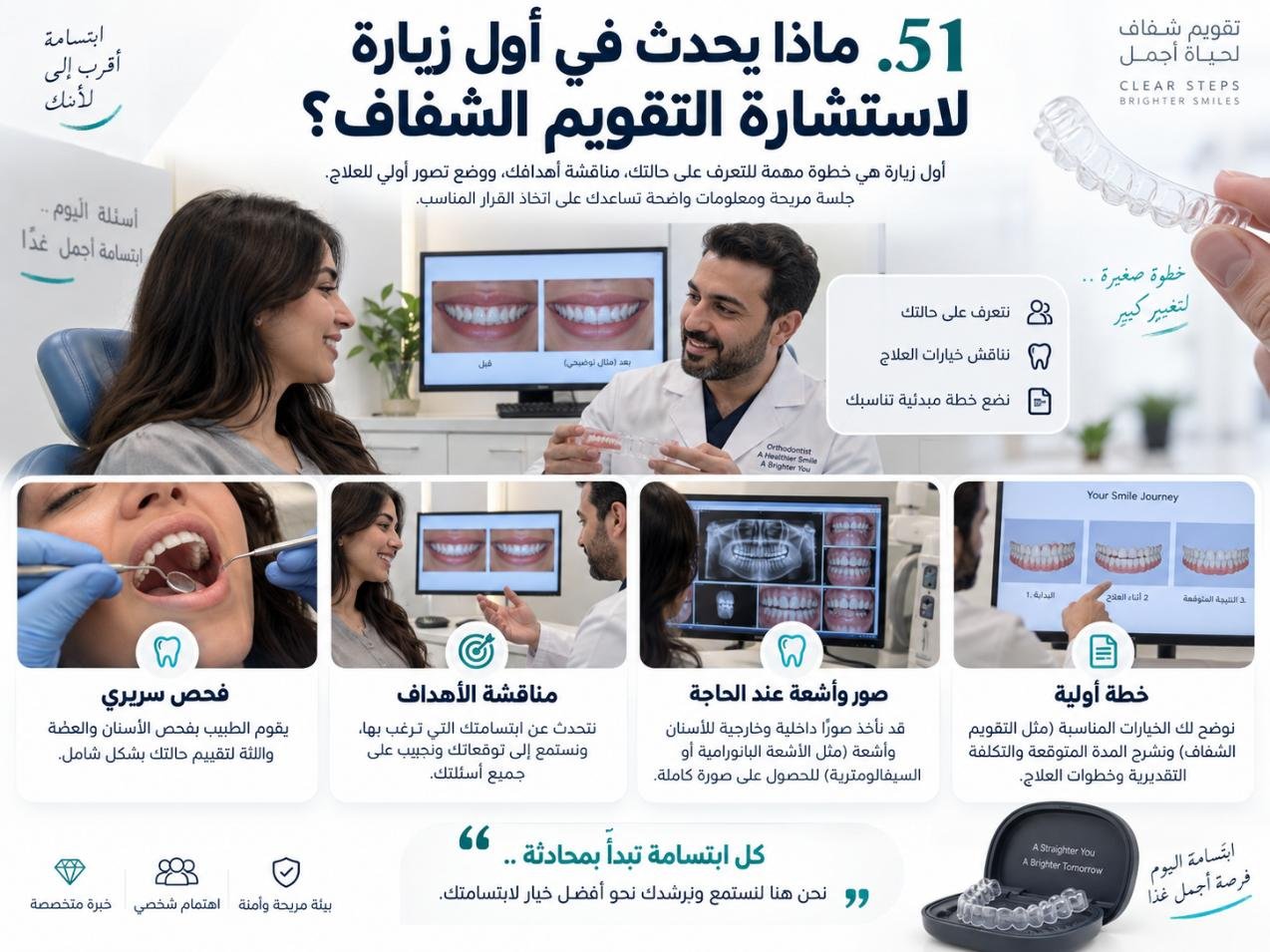 ماذا يحدث في أول زيارة لاستشارة التقويم الشفاف؟